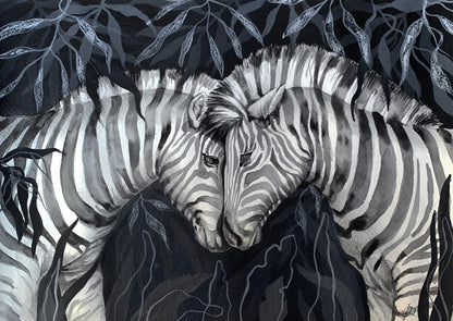 Watercolor painting Meeting of two zebras Olga Ponomaryva