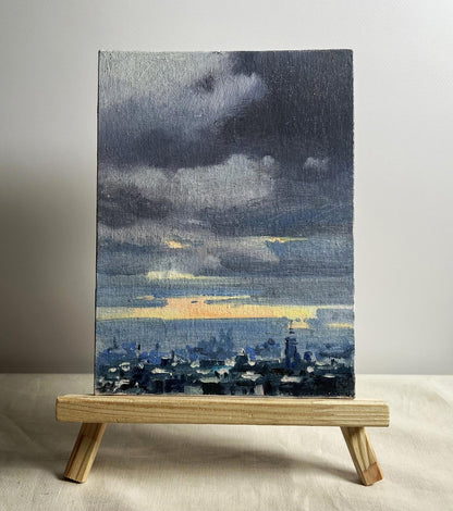 Oil painting Yellow sunset over the city Tatyana Derdey