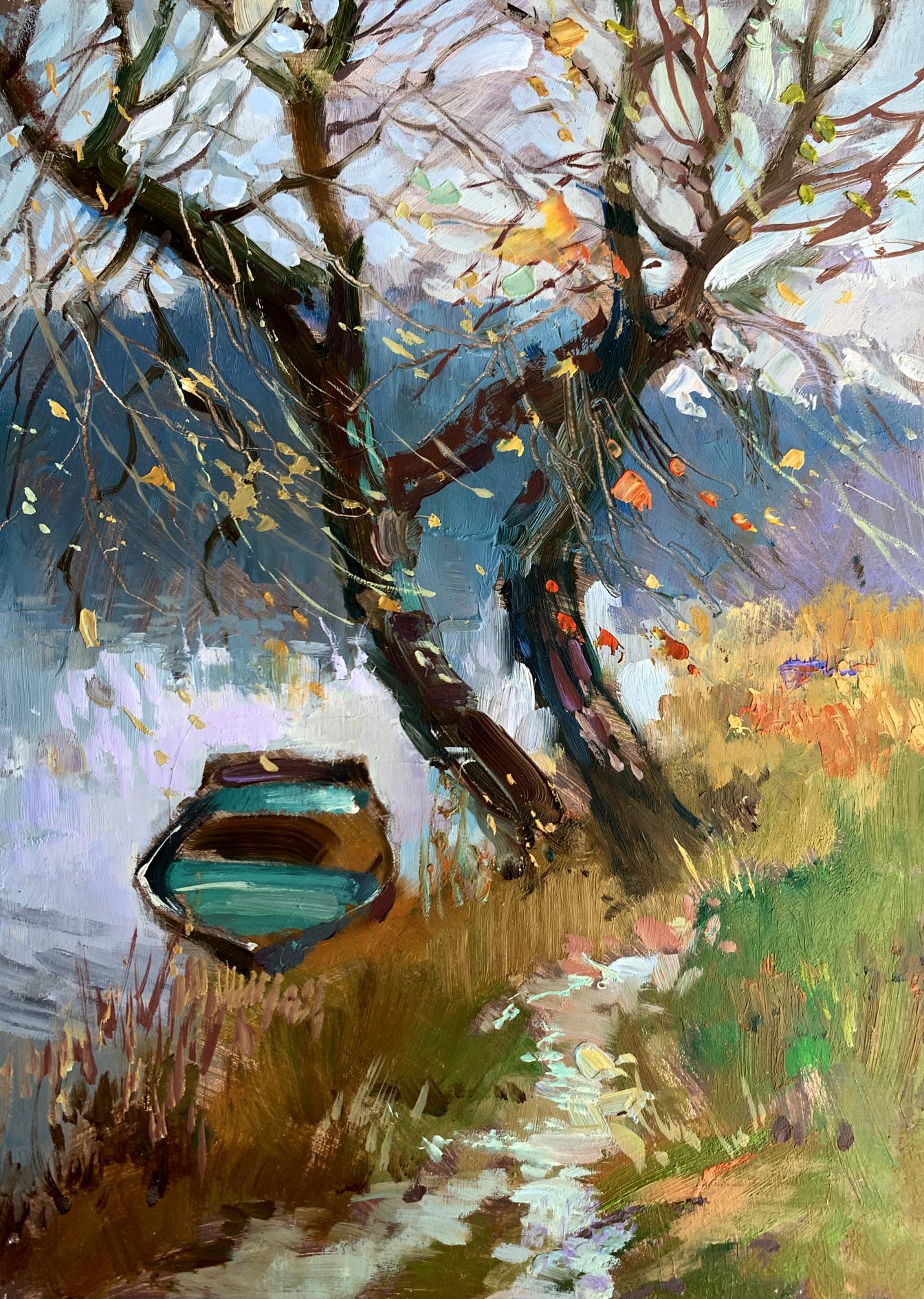 OIl painting A boat near two bare trees Yuriy Suprunchuk