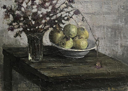 Oil painting Still life with flowers and apples Volodymyr Pashchenko