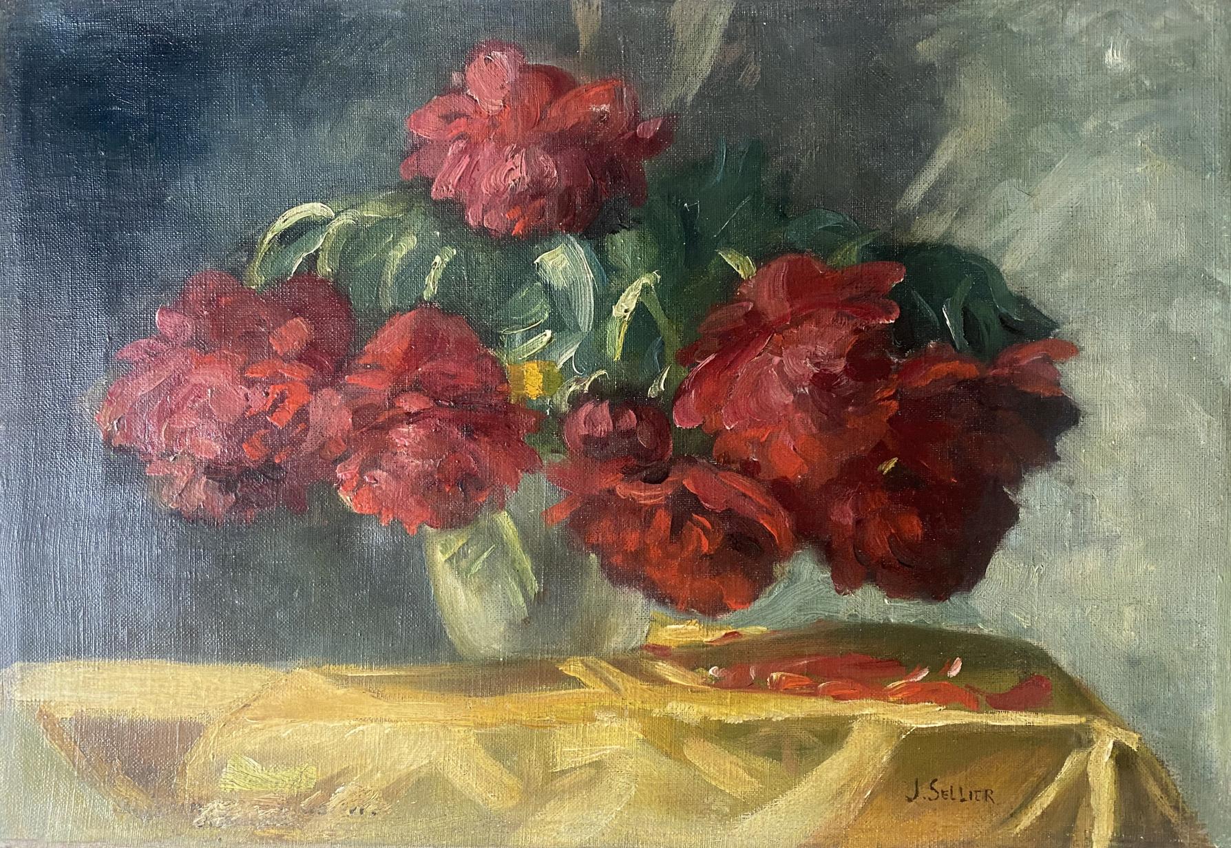 Oil painting Red flowers on the table J. Sellier