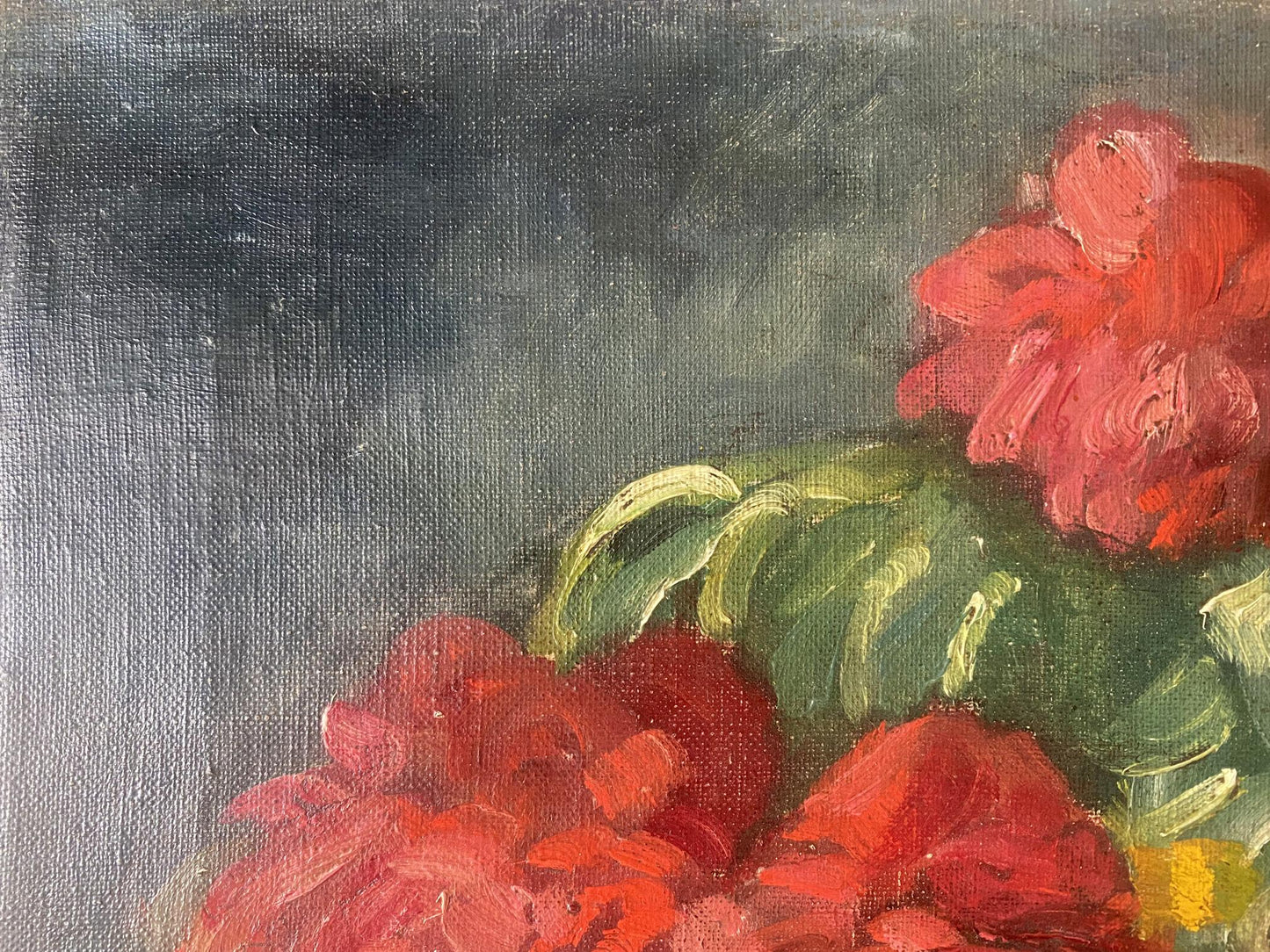 Oil painting Red flowers on the table J. Sellier