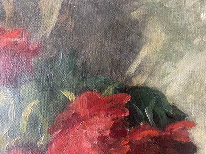 Oil painting Red flowers on the table J. Sellier