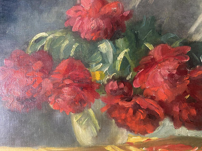 Oil painting Red flowers on the table J. Sellier