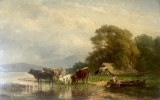 Oil painting Cows at the waterhole European artist