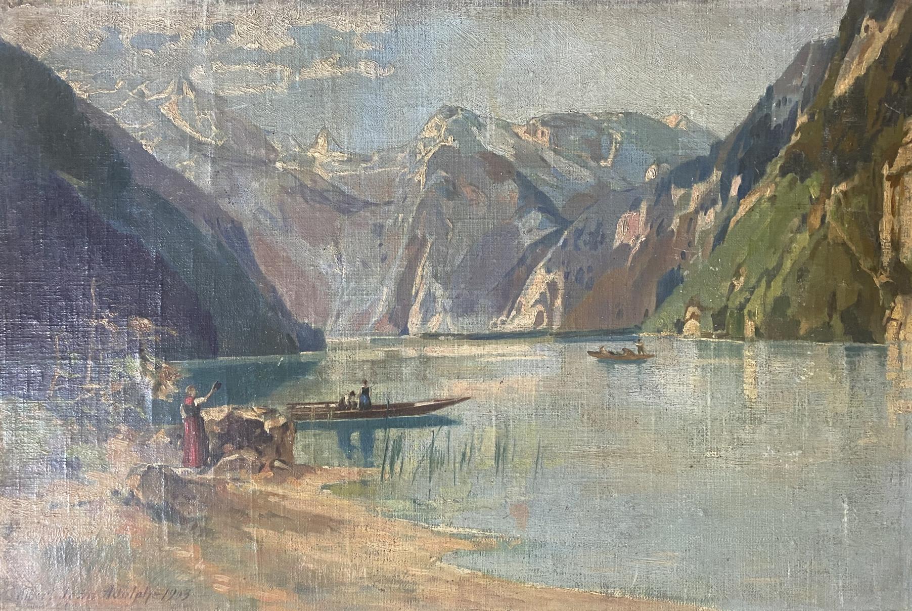 Oil painting Mountain river Albert Jean Adolphe