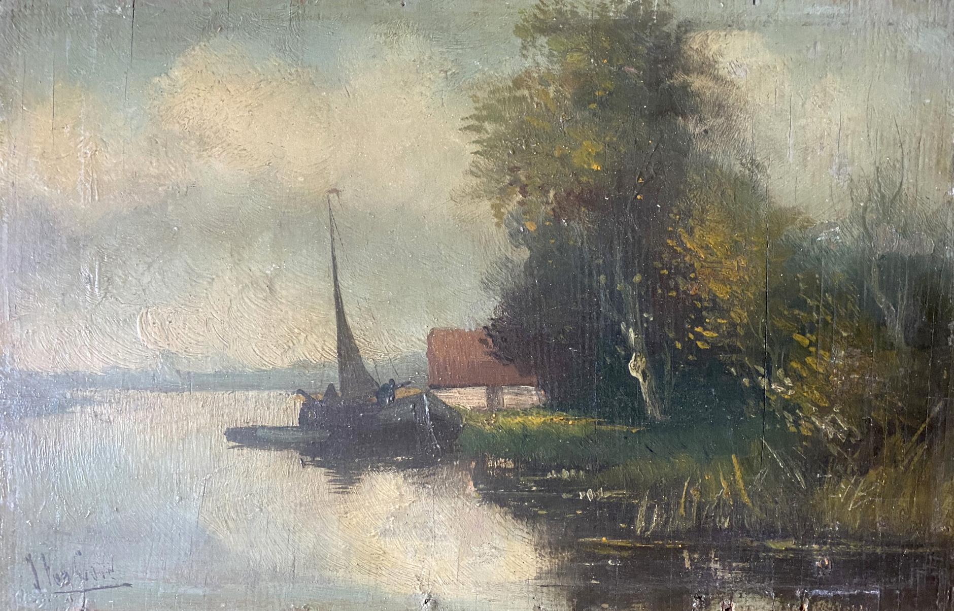 Oil painting River bank European artist
