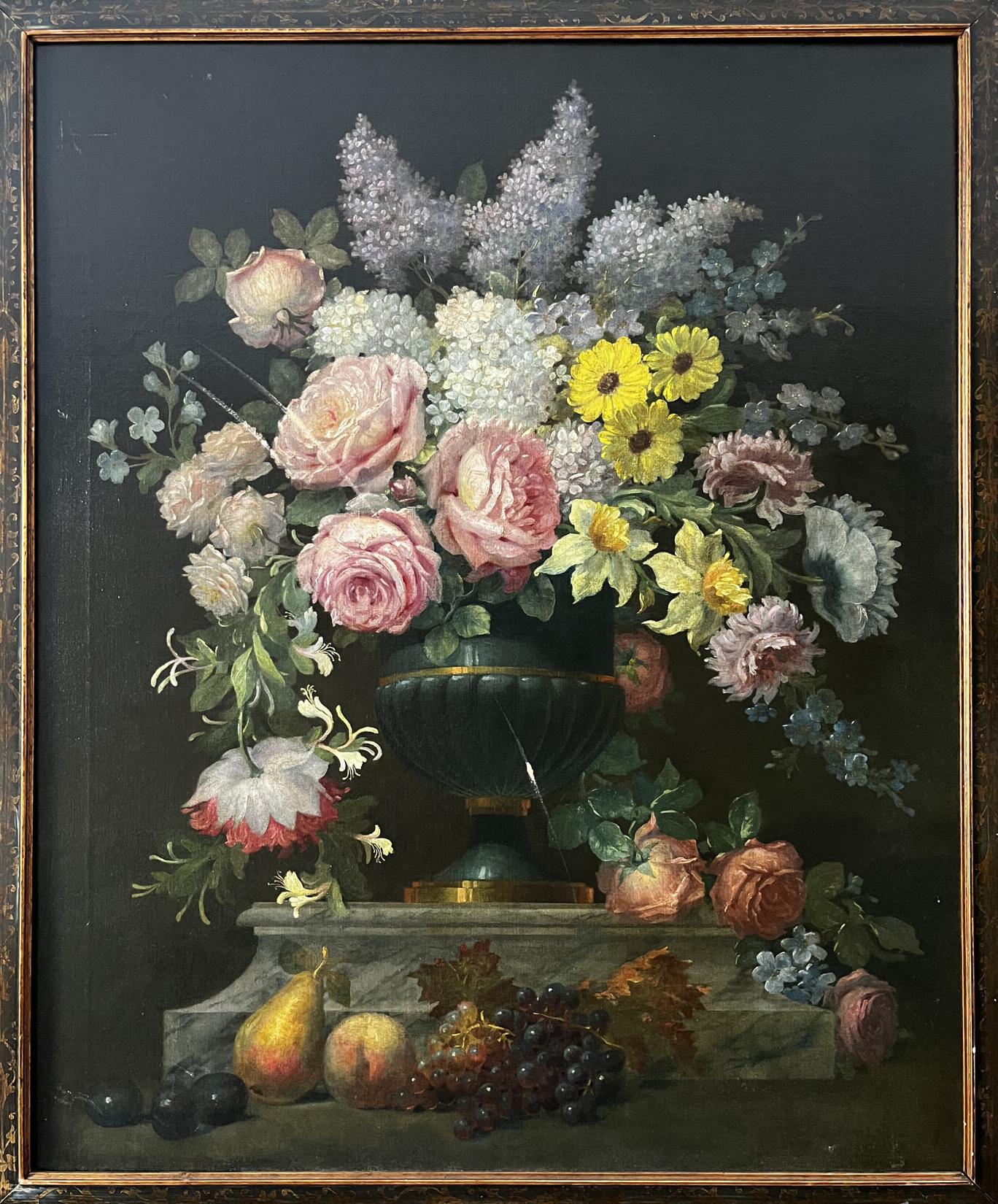 Oil painting Vase with flowers and fruits European artist