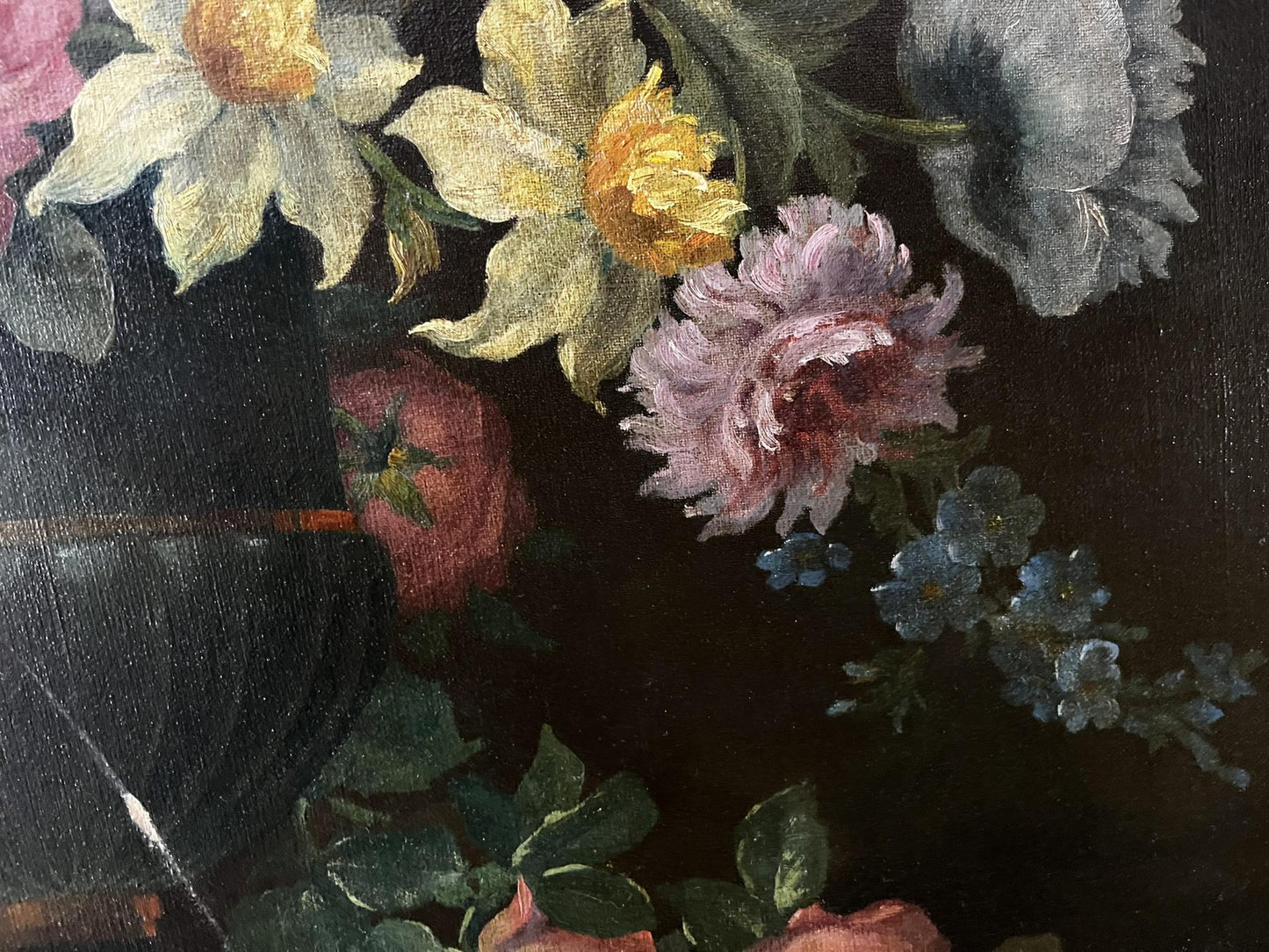 Oil painting Vase with flowers and fruits European artist