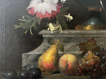 Oil painting Vase with flowers and fruits European artist