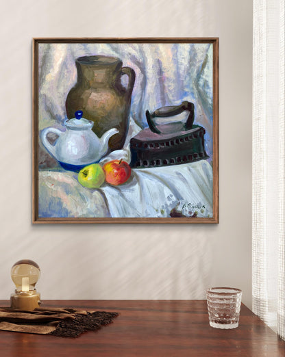 Oil painting Iron and apples Valentina Simashchuk