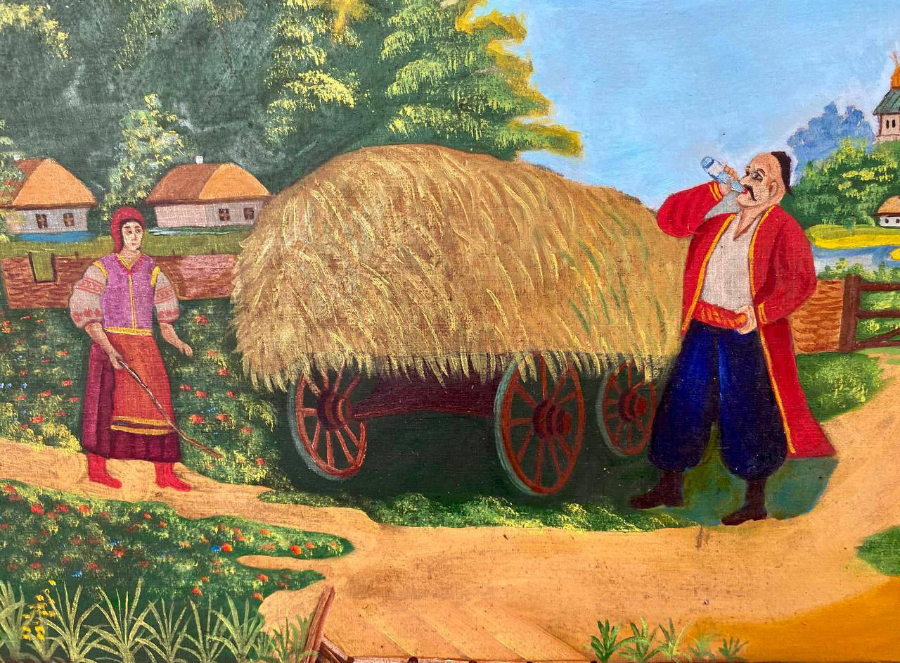 Oil painting Young couple at the hay truck Unknown artist