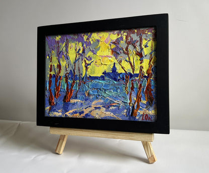 Oil painting Winter evening with yellow sunset Oleksiy Ivanyuk
