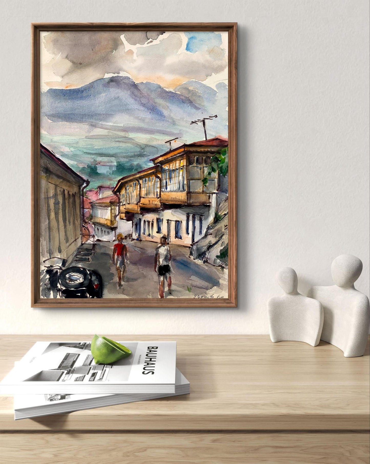 Watercolor painting Busy city street Unknown artist