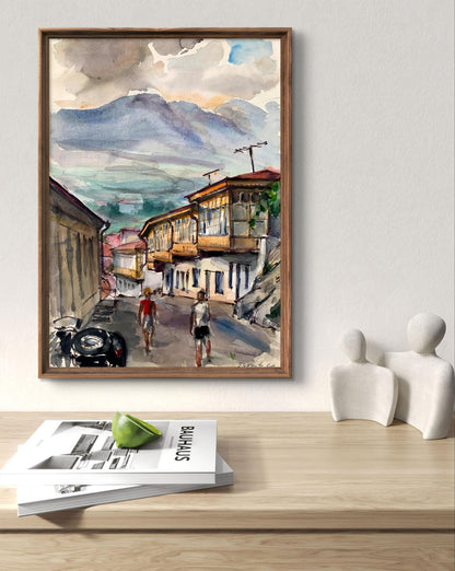 Watercolor painting Busy city street Unknown artist