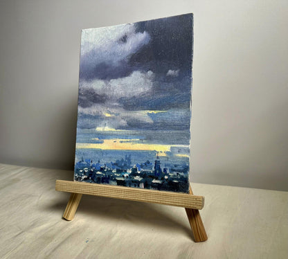 Oil painting Yellow sunset over the city Tatyana Derdey