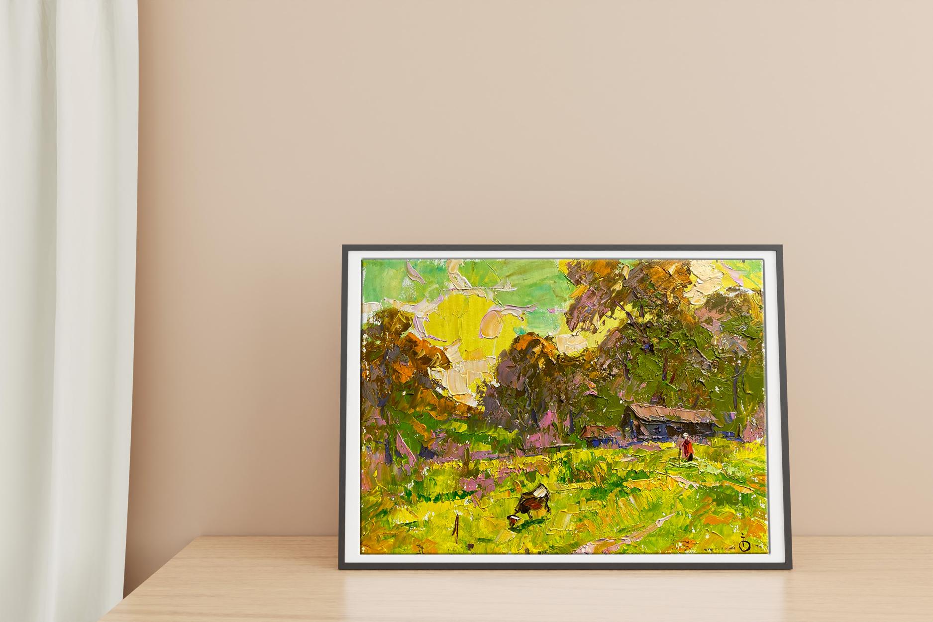Alex Ivanyuk's "On the Pasture" oil painting featuring grazing animals and lush fields.
