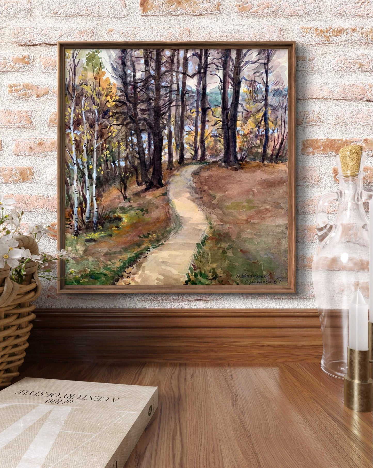 Watercolor painting Path in the autumn forest O. Umansky