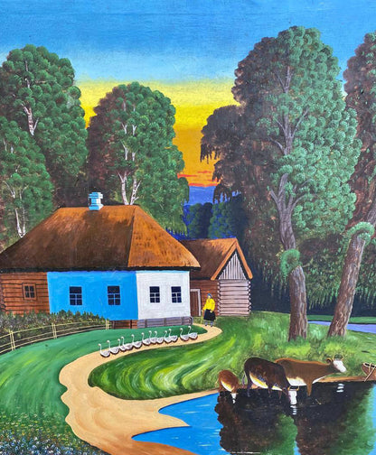 Oil painting Calm village life Unknown artist