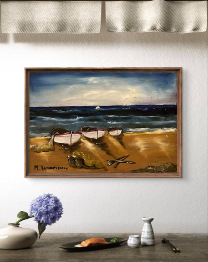 Oil painting Boats on the shore Unknown artist