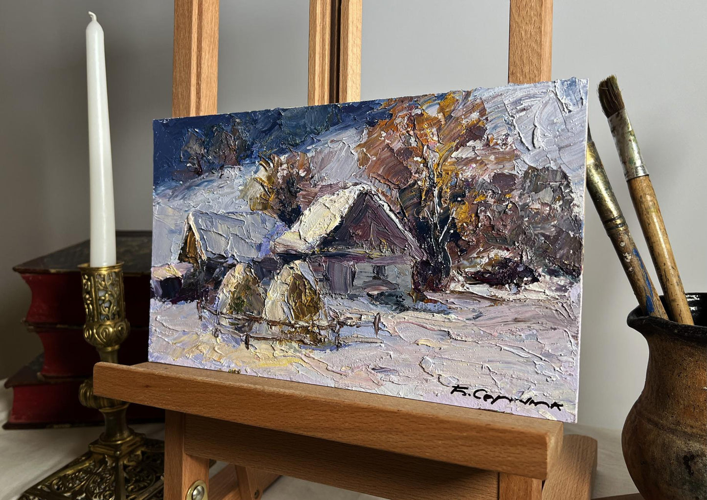 Oil painting Winter village evening Boris Serdyuk