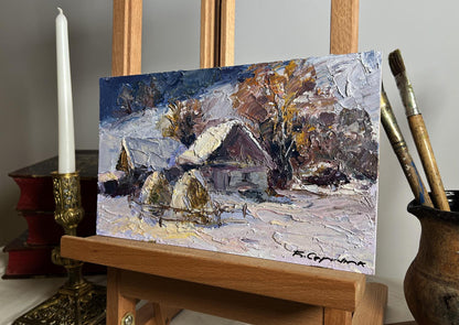 Oil painting Winter village evening Boris Serdyuk