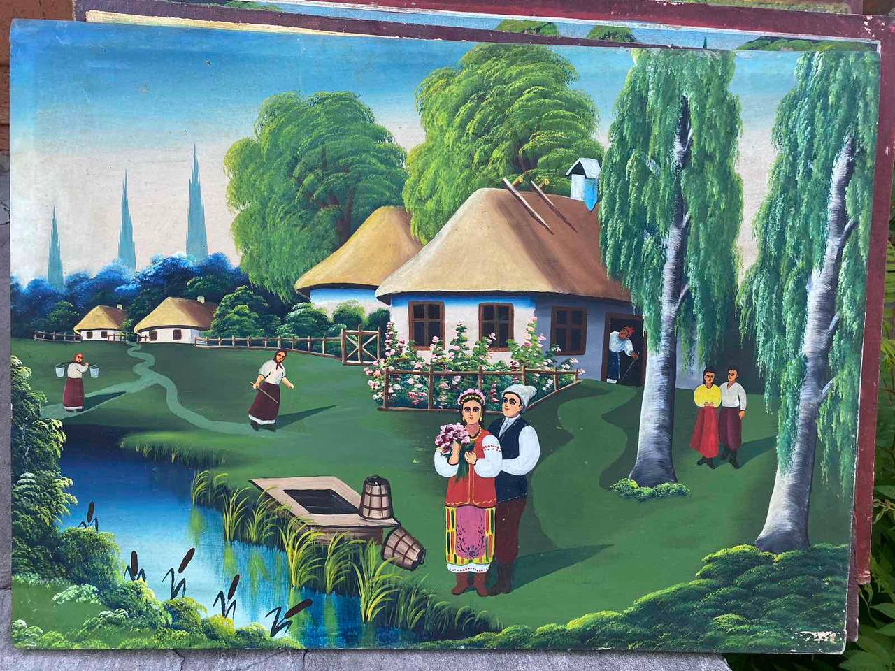 Oil painting Village landscape Unknown artist