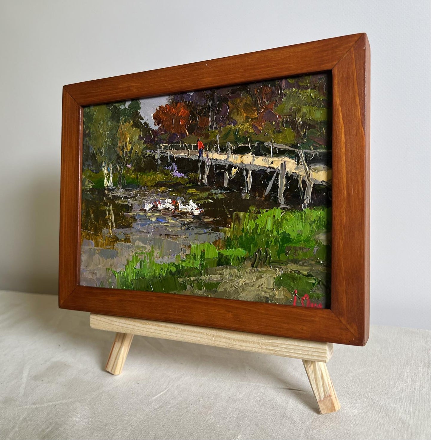 Oil painting Ducks on the lake near the bridge Oksana Ivanyuk