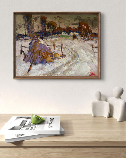 Oil painting Winter Road Home Oksana Ivanyuk