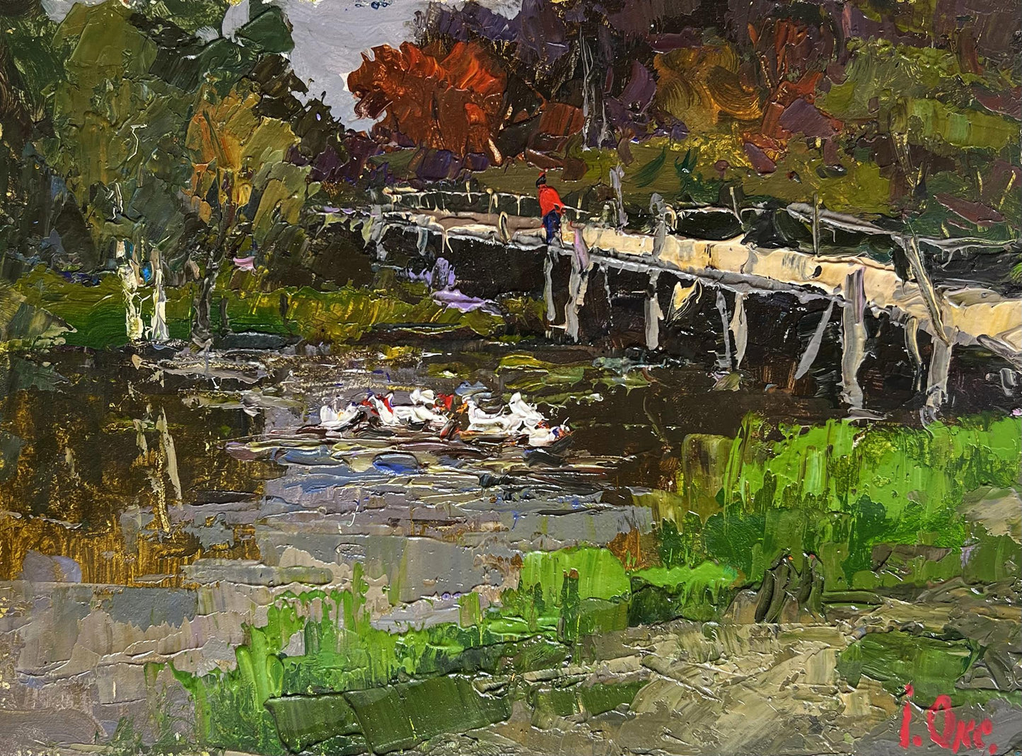 Oil painting Ducks on the lake near the bridge Oksana Ivanyuk