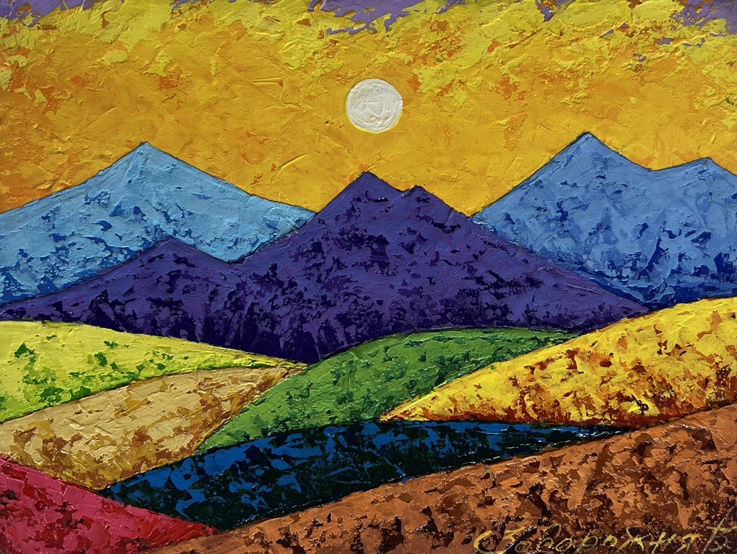 Oil painting Sunset is like fire in the mountains V. Zadorozhnya