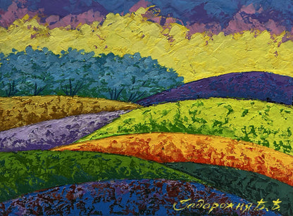 Oil painting Fiery sky over green forest V. Zadorozhnya