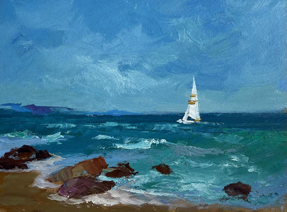 OIl painting A lonely sailboat at sea Yuriy Suprunchuk