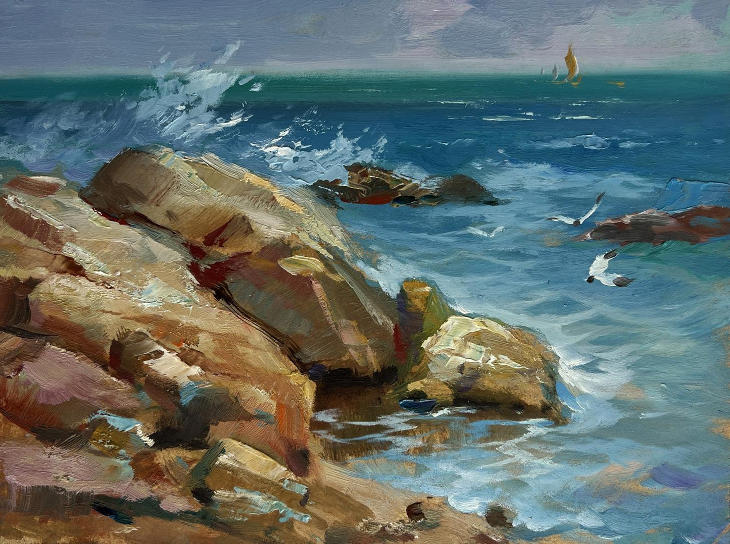 Oil painting Sailboats on the sea horizon Yuriy Suprunchuk