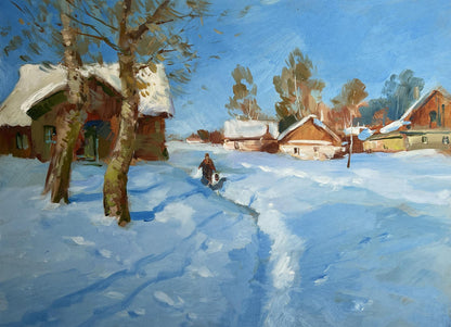 OIl painting Quiet village in winter Yuriy Suprunchuk