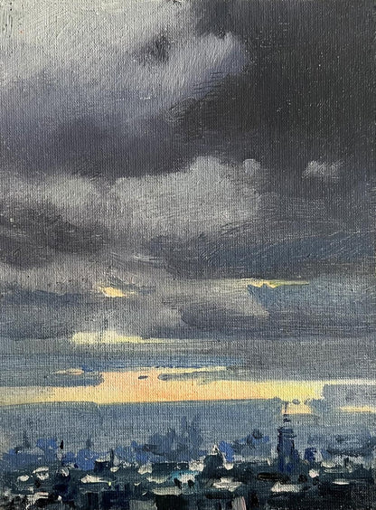 Oil painting Yellow sunset over the city Tatyana Derdey