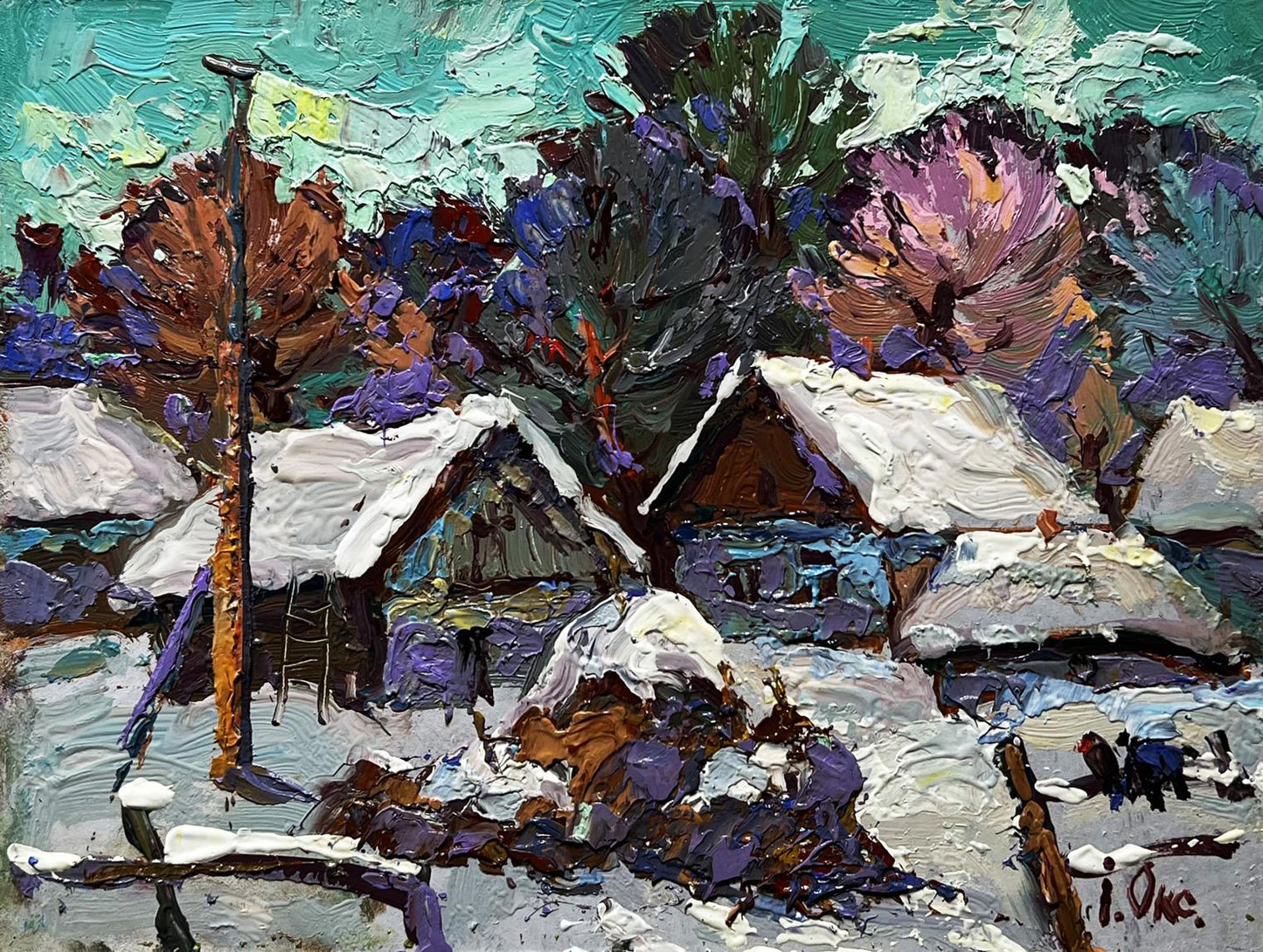 Oil painting The yard is covered in snow Oksana Ivanyuk