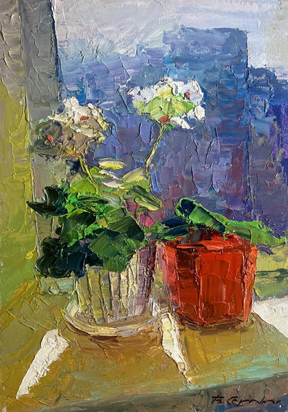 Oil painting Flowers on the windowsill Boris Serdyuk