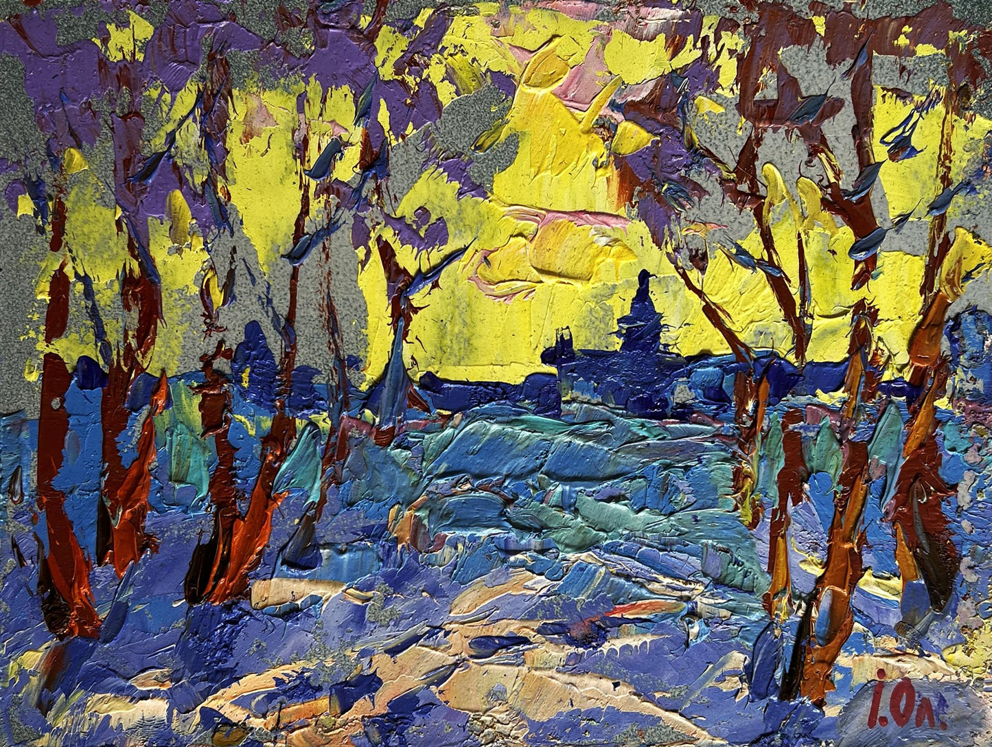 Oil painting Winter evening with yellow sunset Oleksiy Ivanyuk