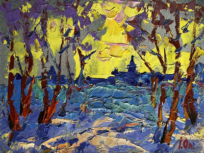 Oil painting Winter evening with yellow sunset Oleksiy Ivanyuk