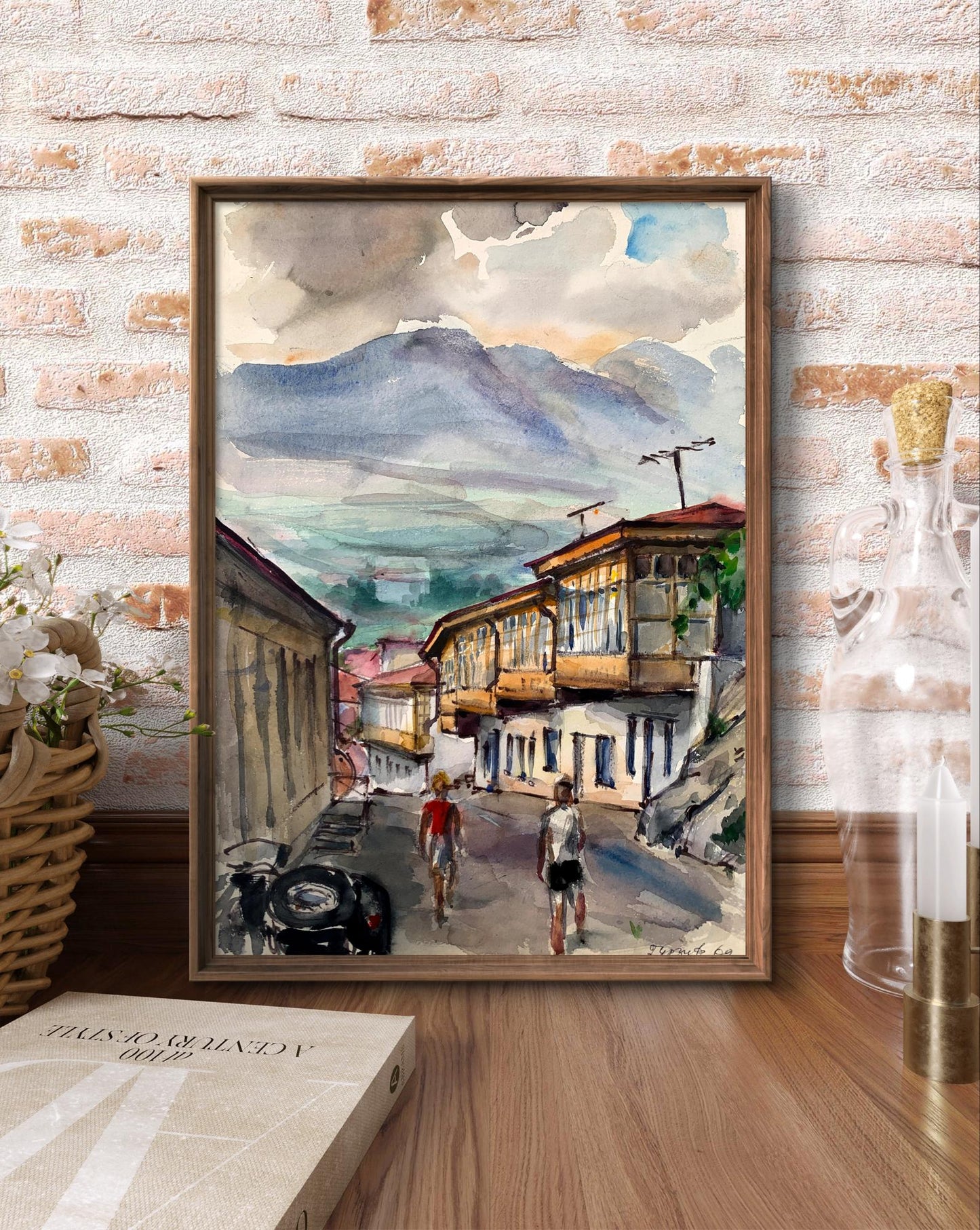 Watercolor painting Busy city street Unknown artist