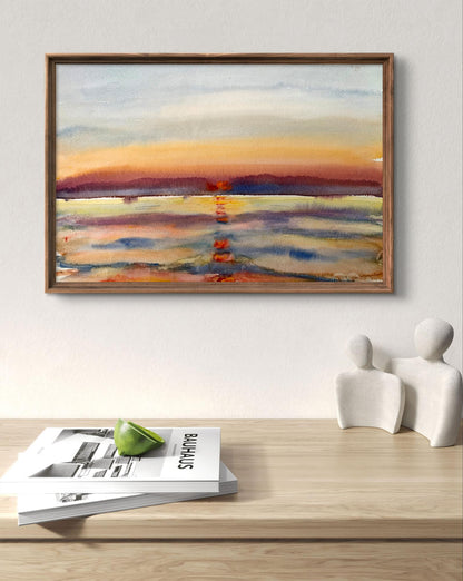 Watercolor painting Reflection of the sun in the sea Unknown artist