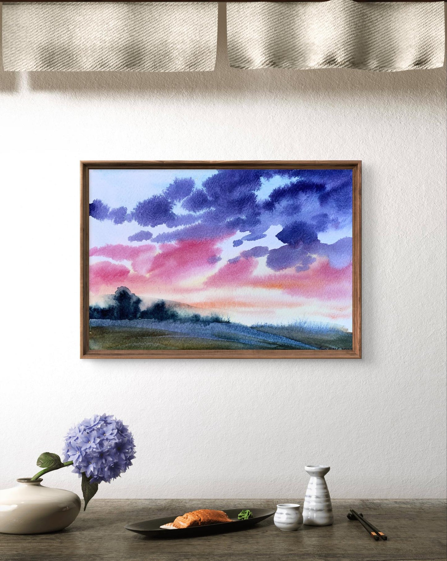 Watercolor painting Pink sunset Svetlana Gramm