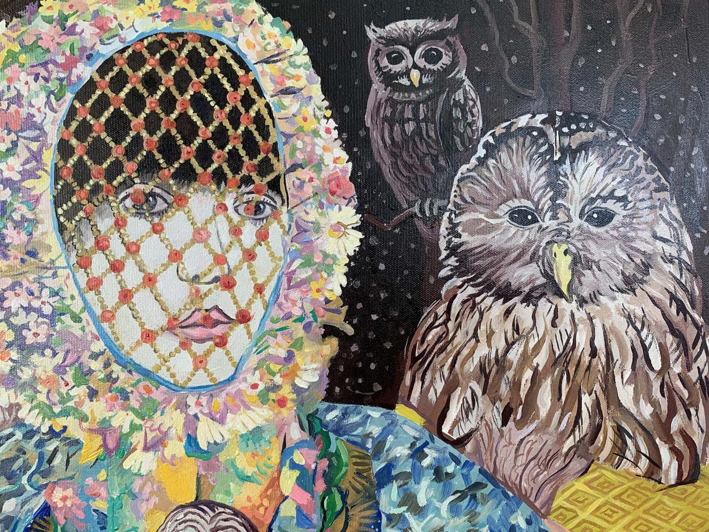 Oil painting Girl with owls V. Konotopsky