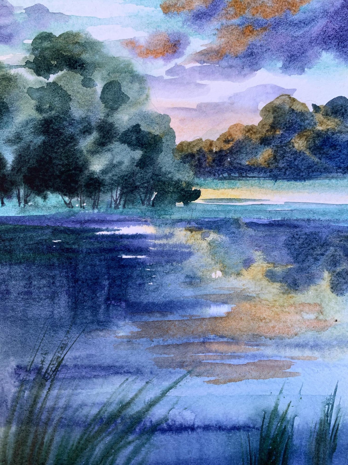 Watercolor painting Cool evening by the river Svetlana Gramm