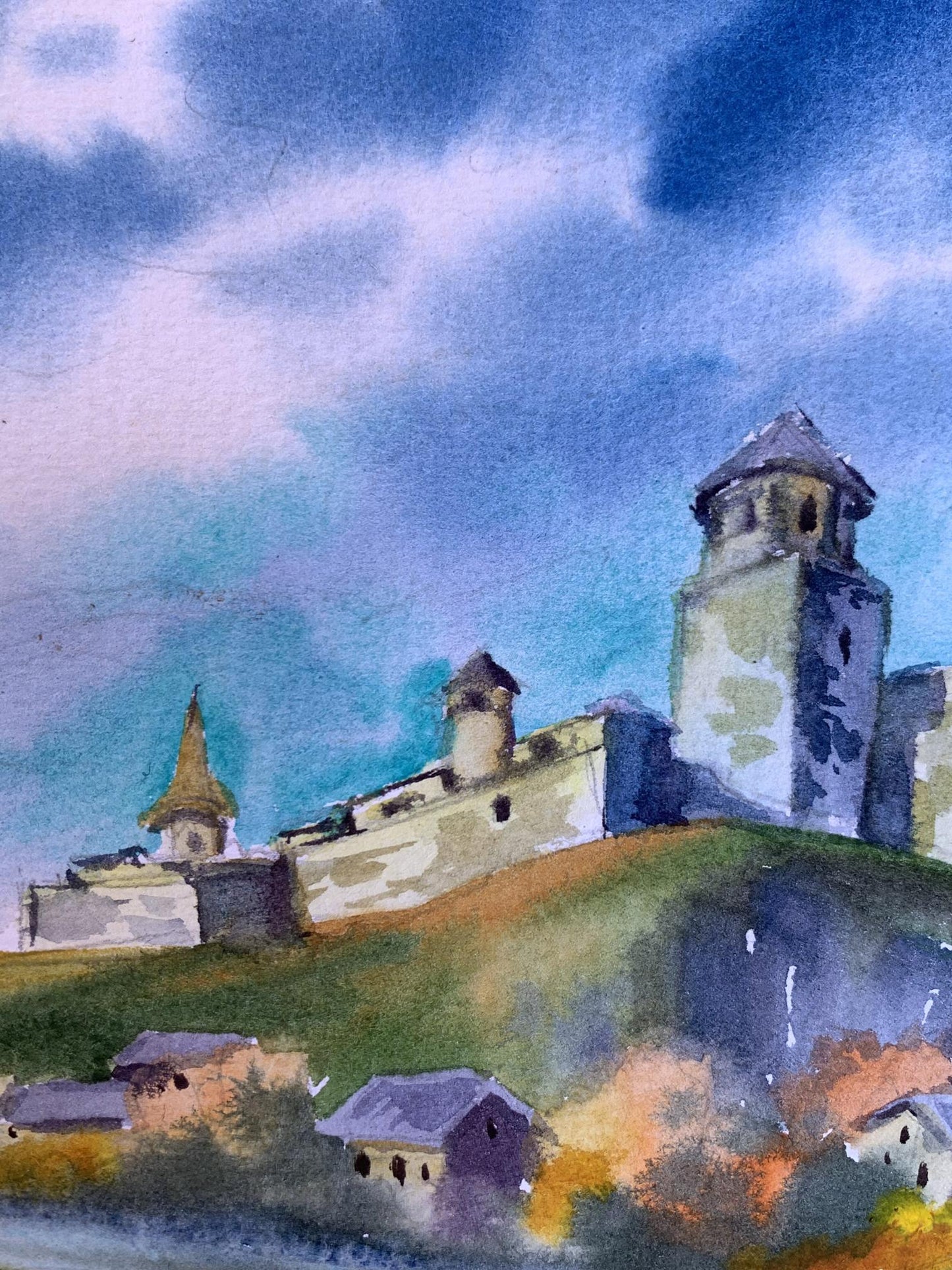 Watercolor painting Castle and village Svetlana Gramm