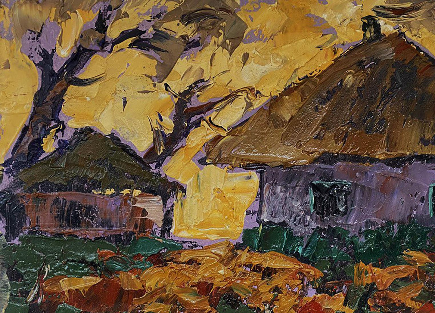 Oil painting Yellow sunset over houses Oleksiy Ivanyuk