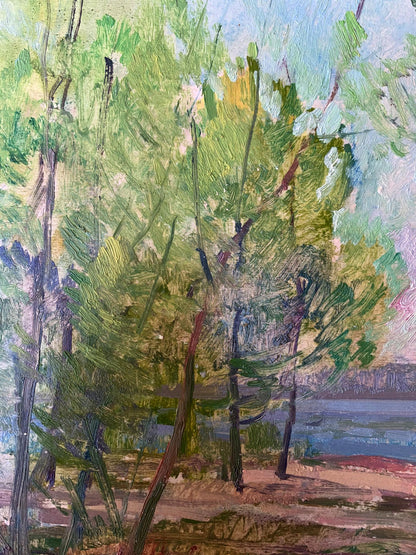 Oil painting Green trees by the river Peter Dobrev