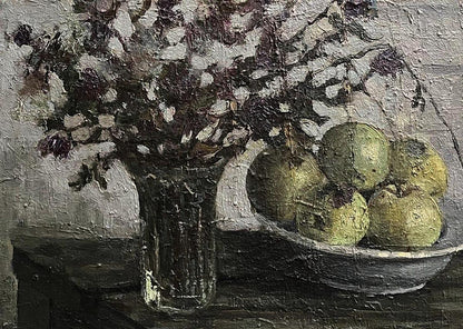 Oil painting Still life with flowers and apples Volodymyr Pashchenko