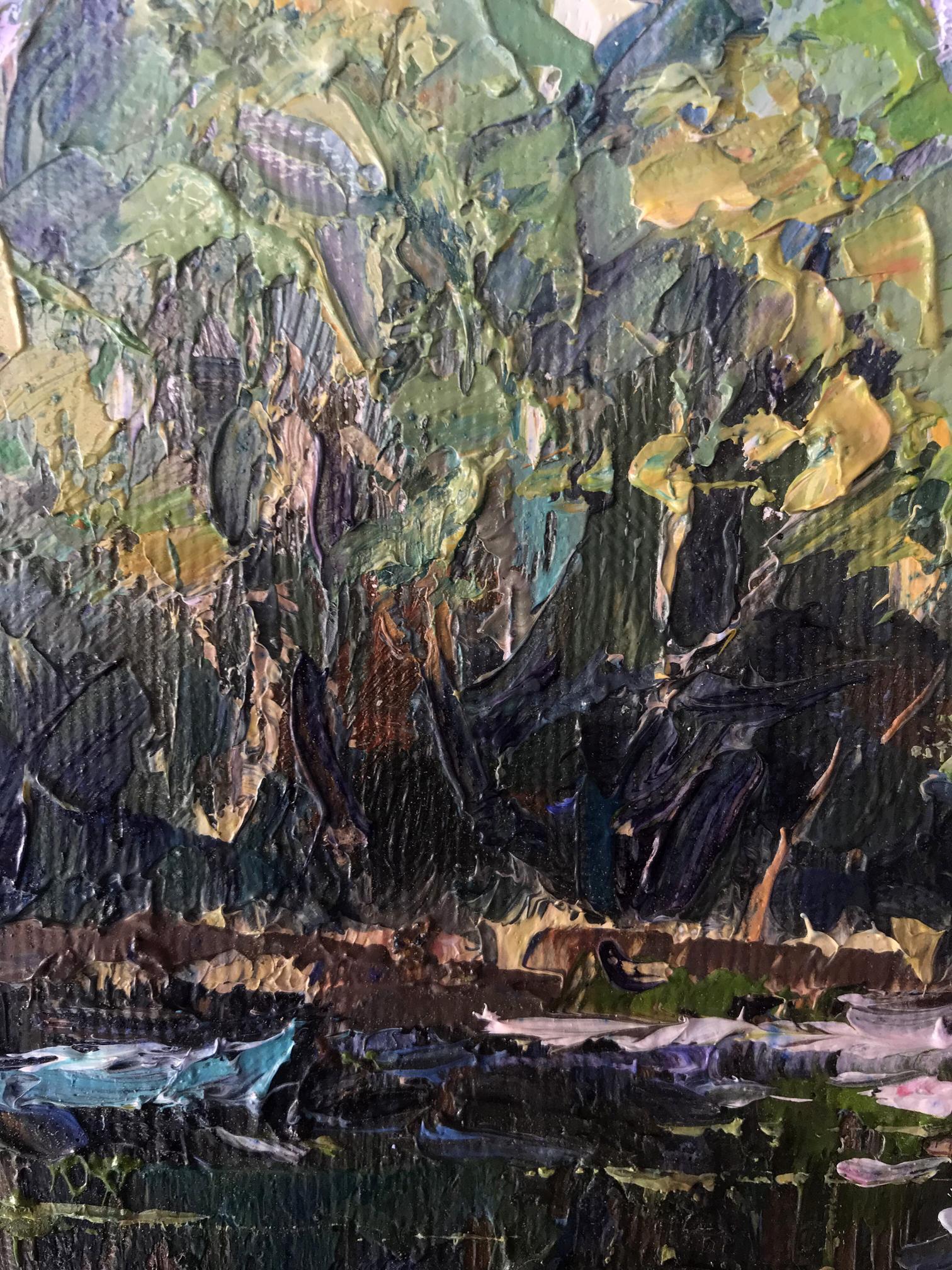 A secluded lake in the forest, portrayed by Oksana Ivanyuk in her oil artwork